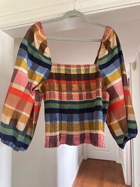 FARM Rio Seline Multicolor Plaid Smocked Square-Neck Puff Sleeve Blouse